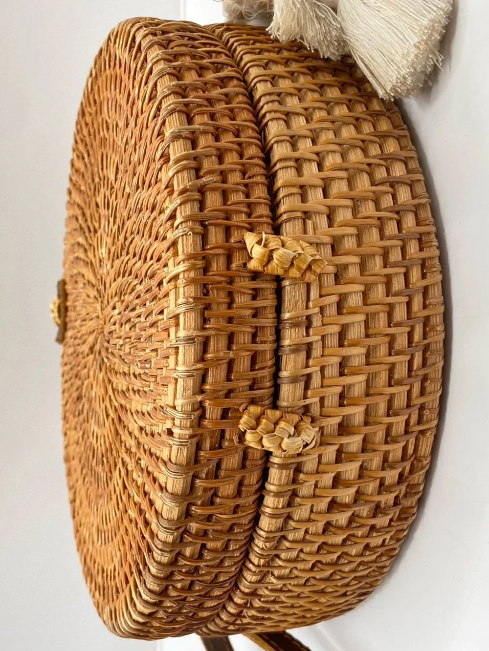 Handmade‎ Woven Round Straw Crossbody Bag with Bali Tropical Lining - Natural
